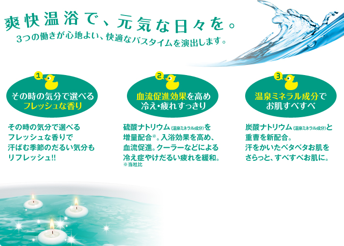 爽快温浴で、元気な日々を。3つの働きが心地よい、快適なバスタイムを演出します。