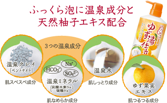 ふっくら泡に温泉成分と天然柚子エキス配合