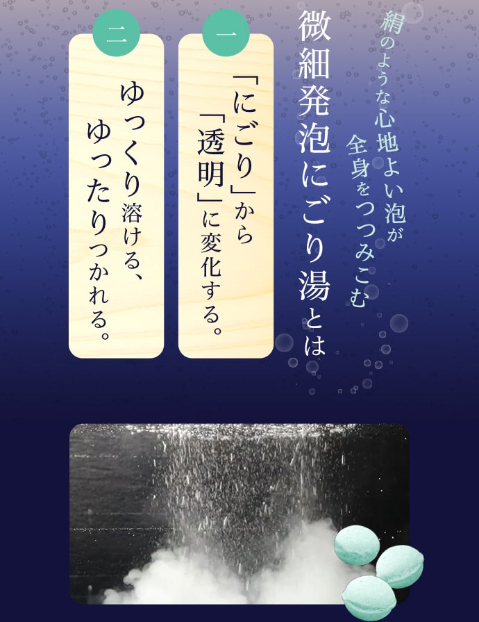 微細発泡にごり湯とは 一「にごり」から「透明」に変化する 二ゆっくり溶ける、ゆったりつかれる。